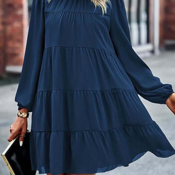 Long Sleeve Baby Doll Dresses Women 2025 Casual Fall Winter Ruffle Mock Neck Tie - Picture 4 of 5